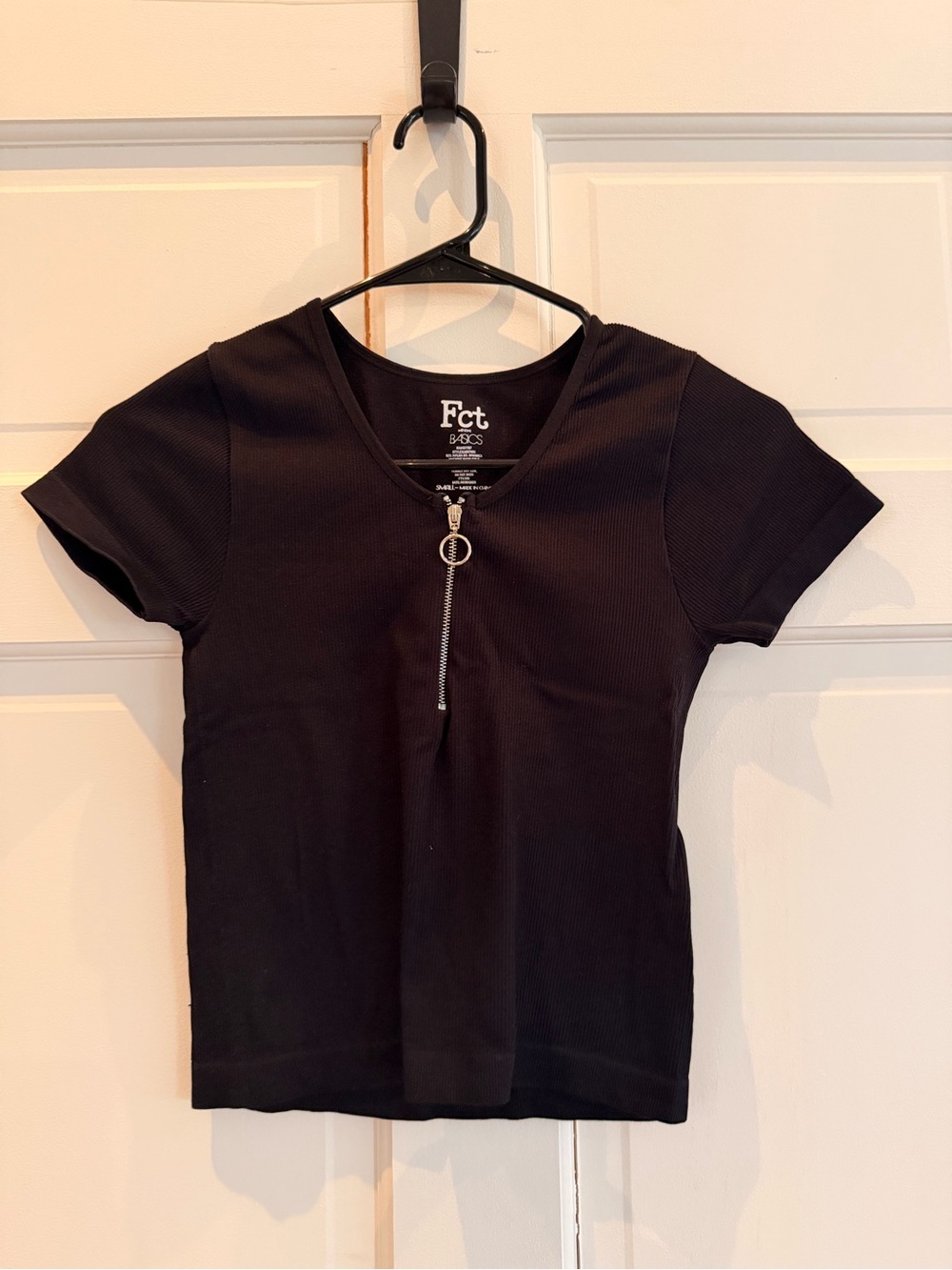 FCT Black Ribbed V-Neck Short Sleeve Top with Ring Front Zip